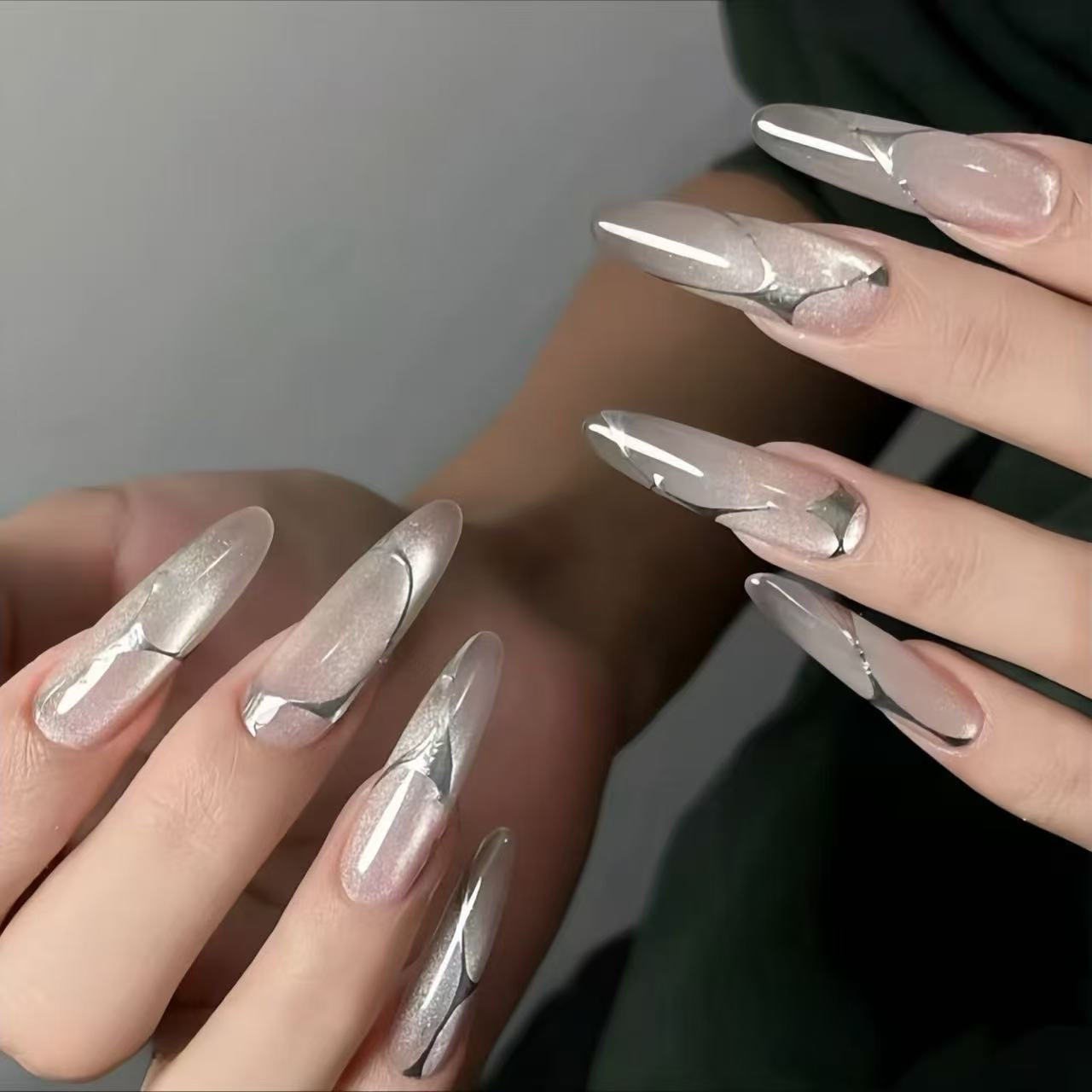 Metal Line · White Oval Press-On Nails