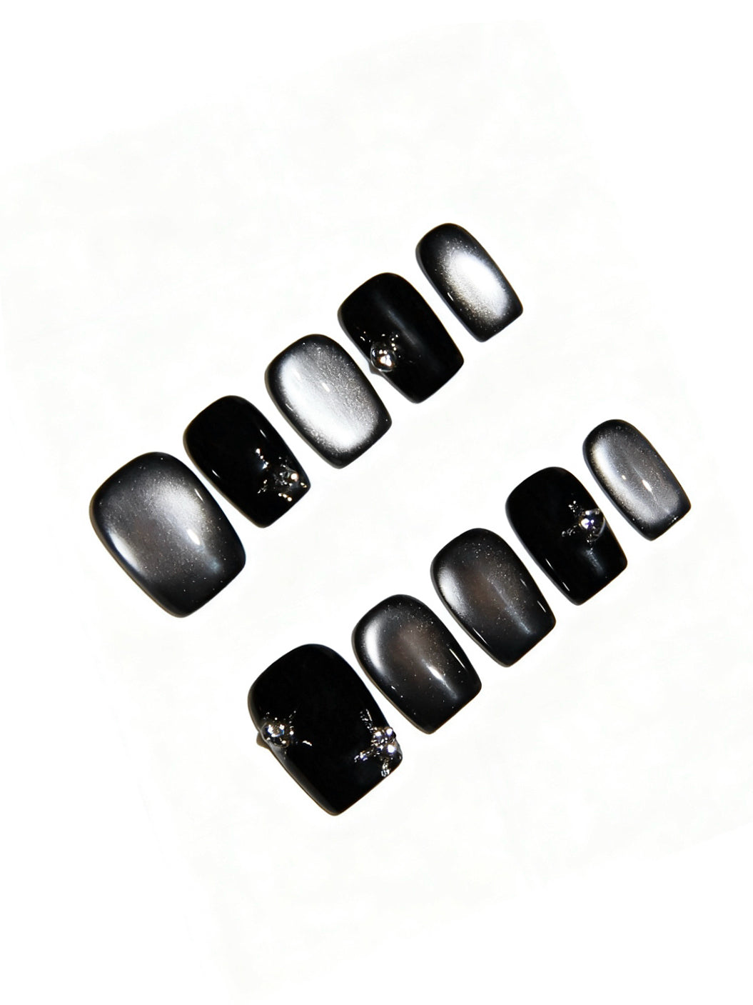 Handmade Black & Gray Rhinestone Short Press-On Nails